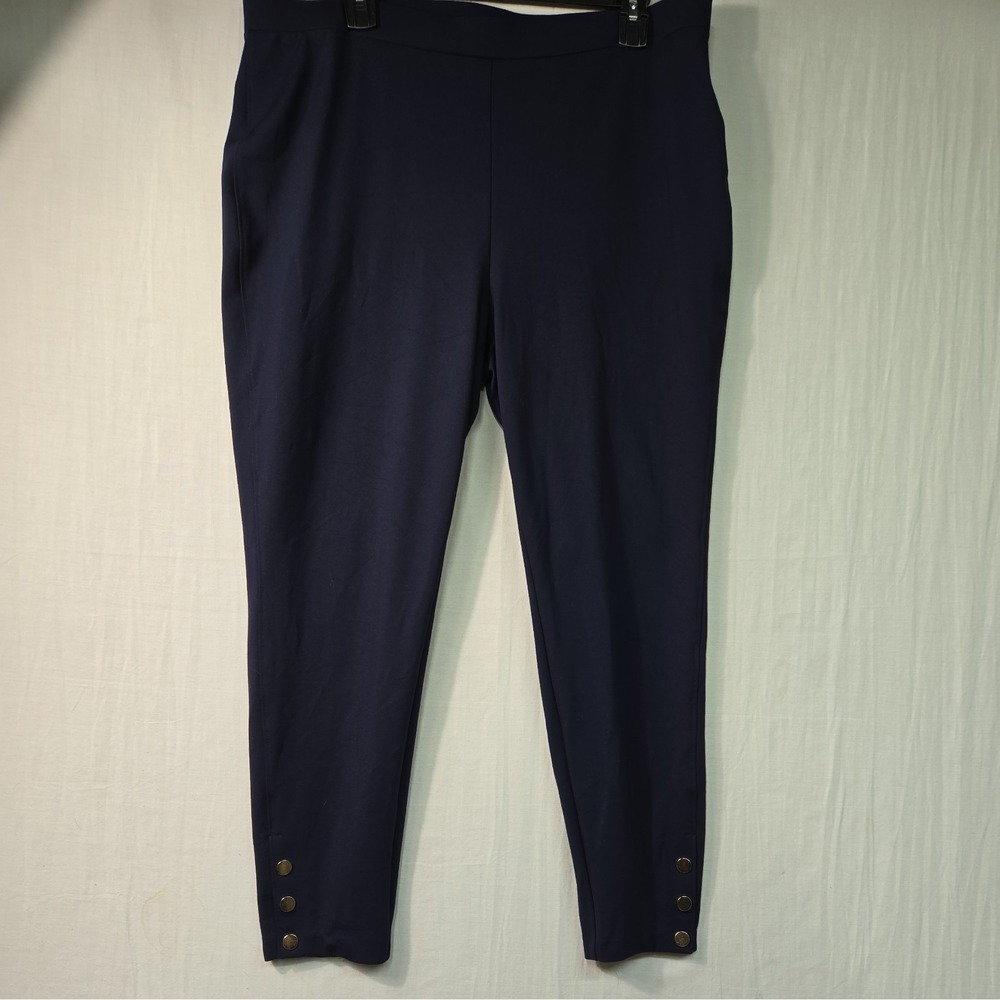 Chico's Women's 3 (16) Slim Ankle Pull On Pants Navy Gold Button Details Stretch